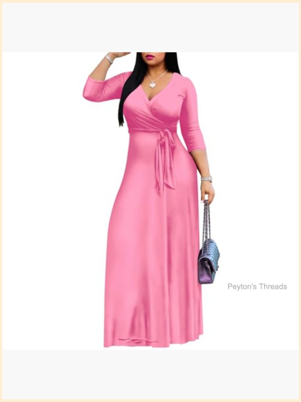 Plus Size Maxi Wrap Dress V-Neck 3/4 Sleeve with Pockets - Picture 3 of 5